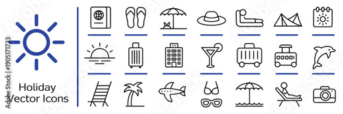 holiday icons summer travel outline vector icon set.