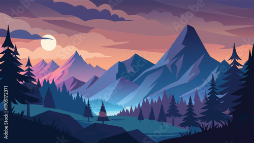 A stylized illustration depicts a serene mountain landscape bathed in the colorful light of a setting sun