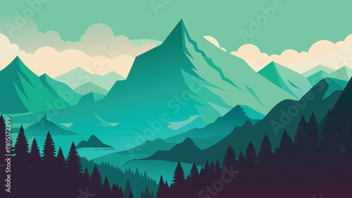 A stylized landscape depicts layered mountains and dark evergreen trees under a pale sky high-quality