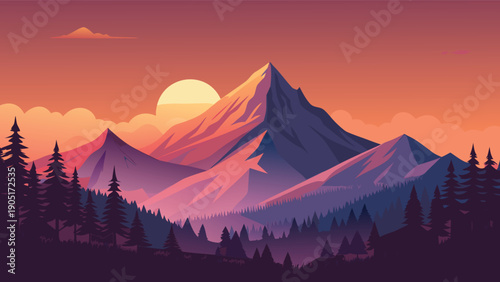 A vibrant digital painting depicts a majestic mountain range bathed in a warm colorful sunset glow