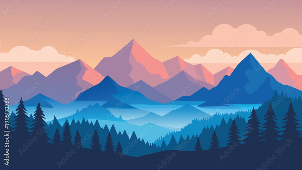 Obraz premium A stylized landscape depicts a range of mountains against a colorful gradient sunset sky high-quality
