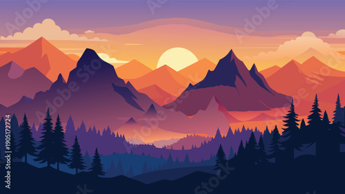A vibrant illustration depicts a majestic mountain range silhouetted against a colorful sunset sky high-quality