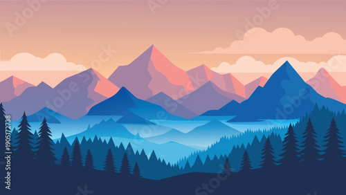 A stylized landscape depicts a range of mountains against a colorful gradient sunset sky high-quality
