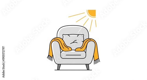 Cozy armchair with orange scarf and frowning face relaxing under warm sunlight indoors soft lighting simple illustration style