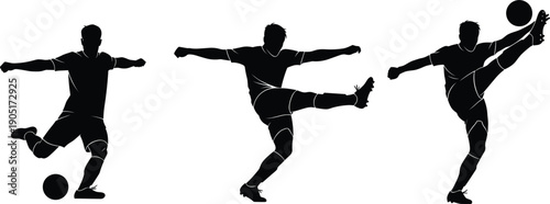 Silhouette of a Soccer Player Kicking a Ball in Three Different Poses on White Keywords: soccer, football, player, silhouette