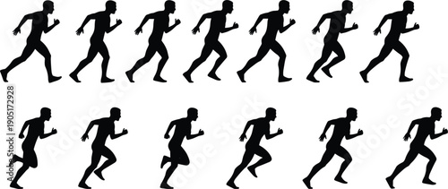 Silhouette of a Runner in Multiple Sequential Poses for Animation on White Keywords: running, runner, silhouette, motion