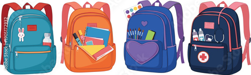 Set of colorful vector backpacks for students and professionals featuring school supplies art materials and first aid medical equipment isolated on white