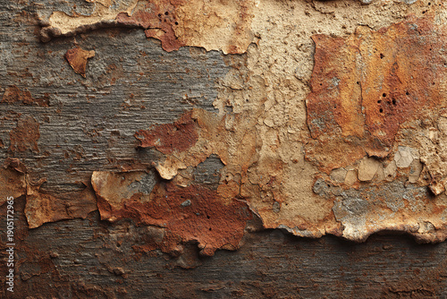 Rust peeling paint texture on metal wall with grunge abstract surface showing weathered corrosion and aged decay in brown and beige tones