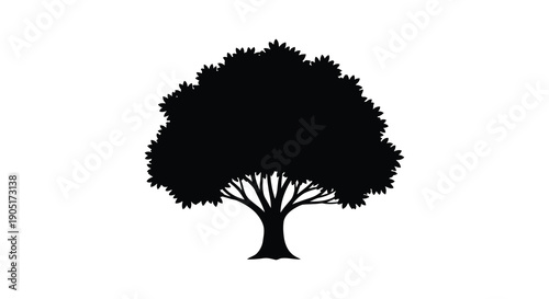 A stark minimalist depiction of a full rounded tree rendered entirely in solid black against a white background