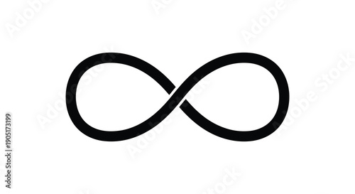 A stark black infinity symbol is prominently displayed against a clean bright white background embodying endlessness high quality