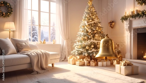 Cozy interior scene with a decorated tree, gifts, and a warm fireplace near a bright window showcasing a snowy outdoor view