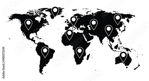A black and white world map illustration features numerous location pin icons scattered across various continents and countries