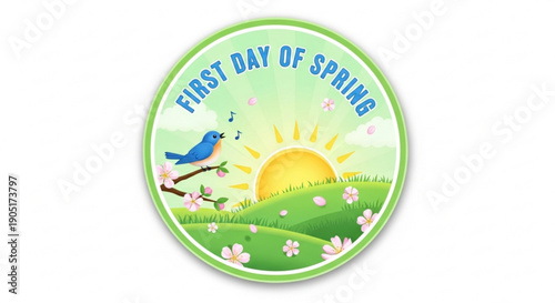 Vibrant first day of spring illustration with blue bird sunny landscape and blooming flowers on green hill