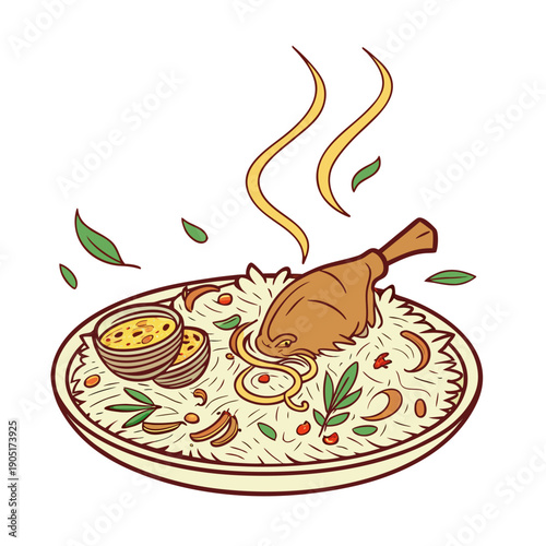 Steaming Chicken Biryani Rice Dish Vector Illustration.