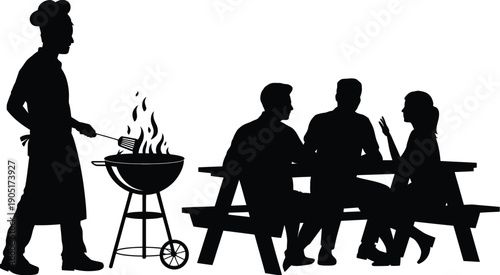 silhouette chef grilling barbecue with family picnic outdoor meal.