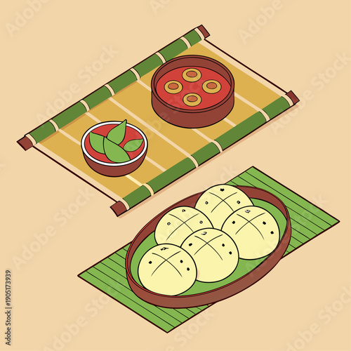 Isometric Dumpling Set on Bamboo Mats Vector Illustration.