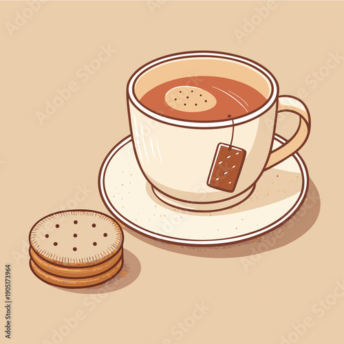 Cute Vector Illustration of Tea Cup and Biscuits for Break Time.