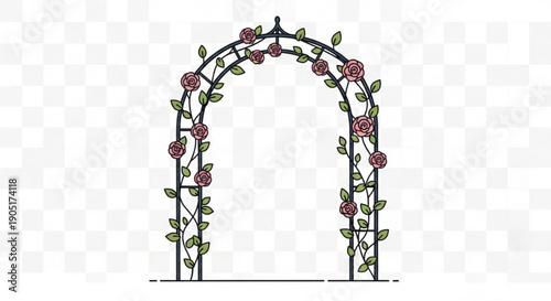 Beautiful floral archway with roses and green leaves on black metal frame for garden decoration and romantic ambiance