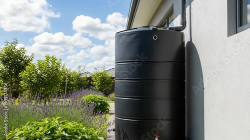 Large Black Water Tank Beside House Shows Water Storage With Garden Of Flowers In Front Of The Tank Blue Sky Clouds In The Background Demonstrating Water Conservation It Can Be Used