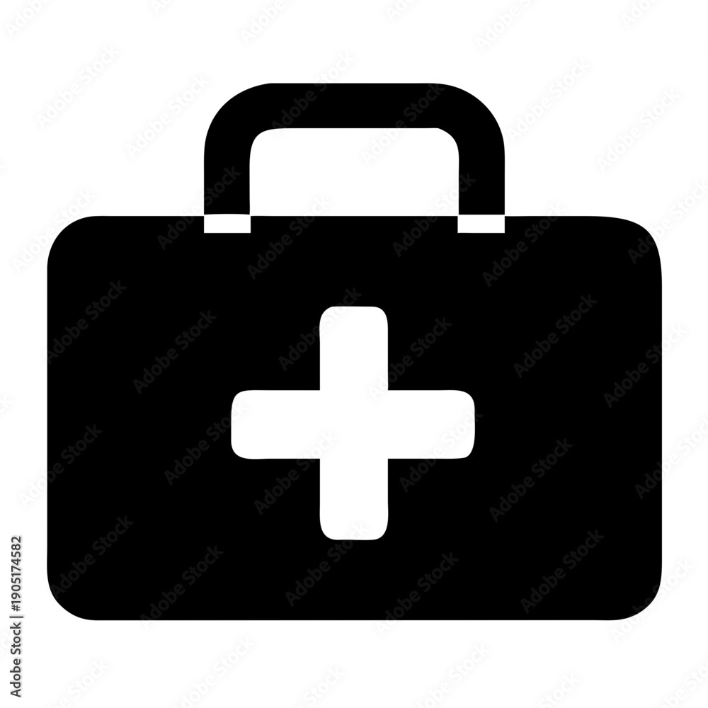Obraz premium Medical icon featuring a first aid kit with a white cross symbol on black background