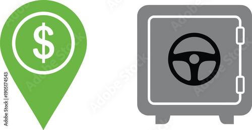 Money location pin and secure safe icon representing finance, savings, cash security, and wealth protection vector symbols