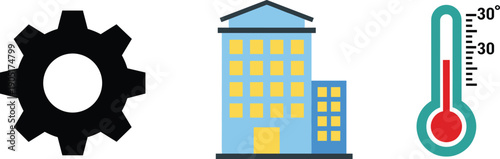 Settings gear, building, and thermometer icons set representing system control, infrastructure, and temperature monitoring vector symbols