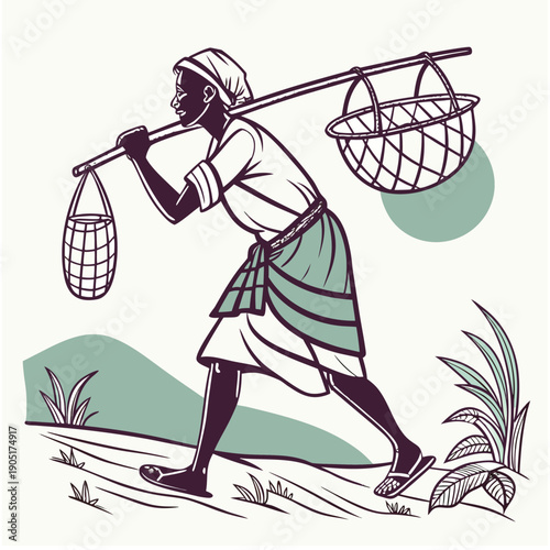Traditional South Asian village lifestyle illustration with woman carrying water bucket near rural farm and trees.