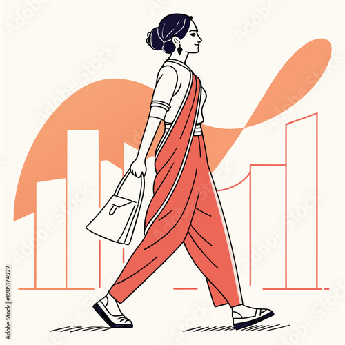 Modern Indian woman walking in city with handbag and traditional saree attire. Confident South Asian professional female entrepreneur in urban background vector illustration.