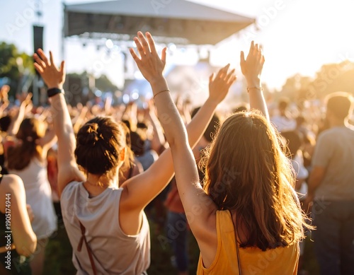 Crowd enjoying outdoor performance. Two women with raised arms are in the foreground, facing towards the distant stage. Sun is setting