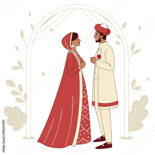 Traditional Indian wedding couple in ethnic attire standing under floral arch, beautiful vector illustration of bride and groom for marriage ceremony invitation design.
