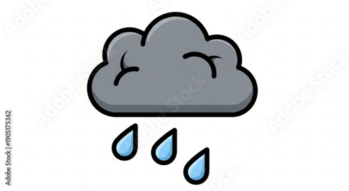 Cartoon gray rain cloud with closed eyes and three falling blue raindrops on white background