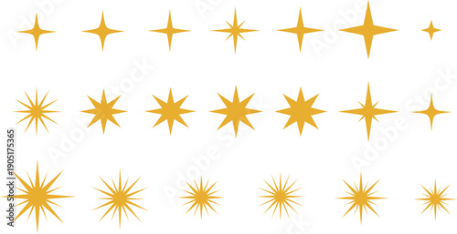 Golden sparkle starburst icon set with glowing light rays, decorative shine and sparkle vector elements collection