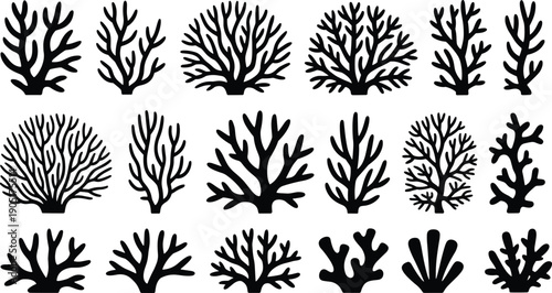 Coral silhouettes collection, black coral reef shapes set, isolated underwater marine vector illustration, decorative ocean plant stencil icons for designv