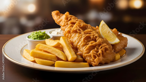 Delicious plate of traditional fish and chips with mushy peas and tartar sauce