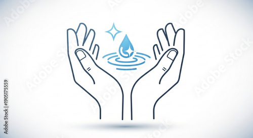 Hands holding water droplet icon with sparkle symbolizing conservation and purity minimalist line art design on white background