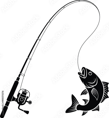 Fishing rod and jumping fish silhouette, black angling equipment vector illustration, isolated sport fishing design, tackle stencil icon for branding