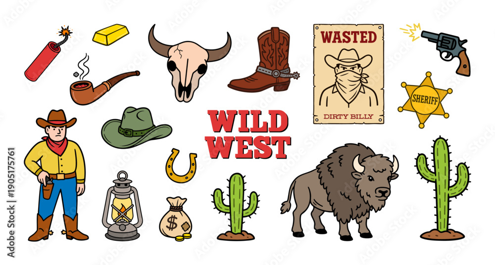 Obraz premium Wild West Cartoon Elements and Characters with Cowboy and Sheriff Badge. Colorful Wild West clipart set with cowboy, bison, cactus, revolver, boots, hats, skull and other. Cartoon vector wild west.