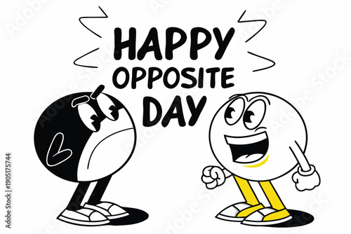 Black and White Sad Face and Yellow Happy Face Opposite Day Concept