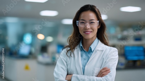 Confident asian scientist in lab coat and safety glasses portrait