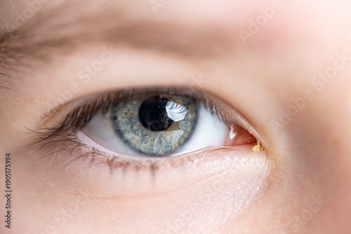 Close-up: Light gray eye of teenage girl. High quality photo
