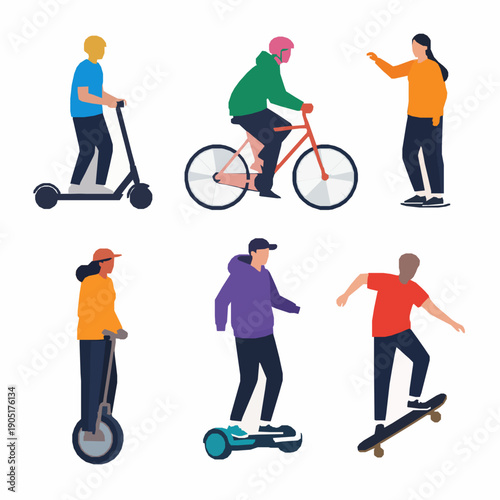 Smart city electric micromobility riders flat vector illustration set