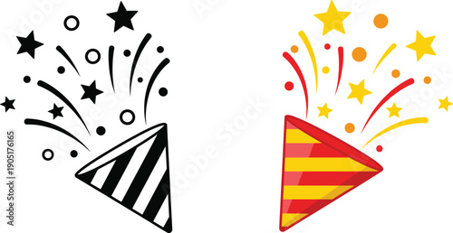 Party popper celebration icons in black and colorful styles, festive explosion symbols for events and holidays vector design