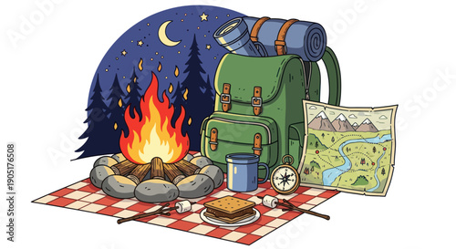 Camping Adventure: Campfire, Backpack, Map, Marshmallows, Night Sky