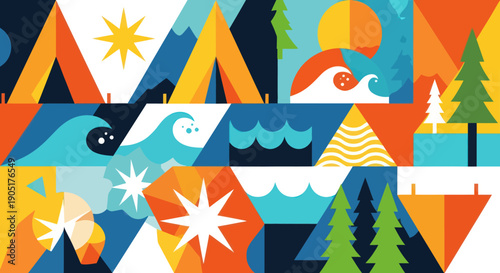Abstract Geometric Camping and Nature Scene Illustration