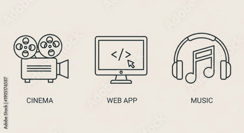Multimedia icons for cinema web app and music on a beige background