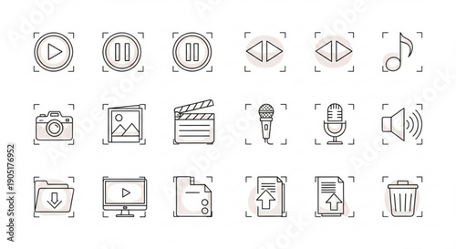 Multimedia icons set for video music and file management on digital devices
