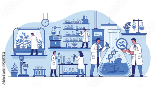 Biotechnology Vector Illustration Laboratory Plant Research with Miniature Scientists Conducting Genetic Experiments.