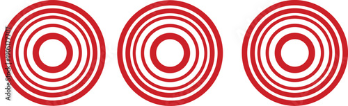 Red concentric circle target symbols set, abstract geometric ripple pattern icons for focus, signal, and design concepts
