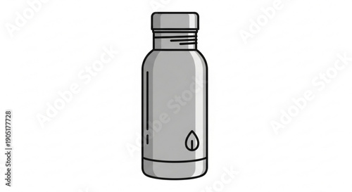 Simple gray plastic water bottle with screw on cap and droplet symbol on side