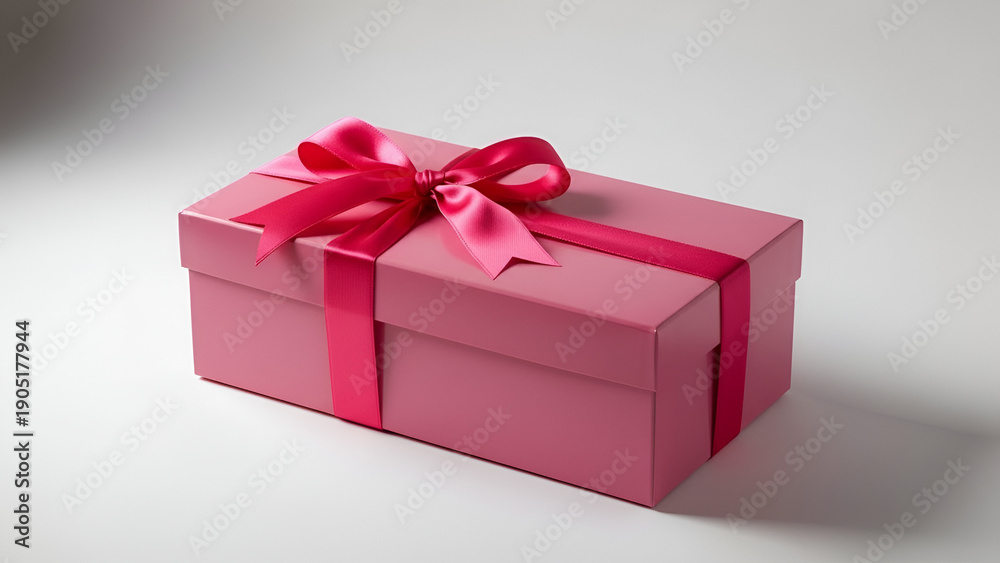 Fototapeta premium Pink Gift Box with Bright Pink Ribbon – Rectangular Cardboard Gift on White Surface